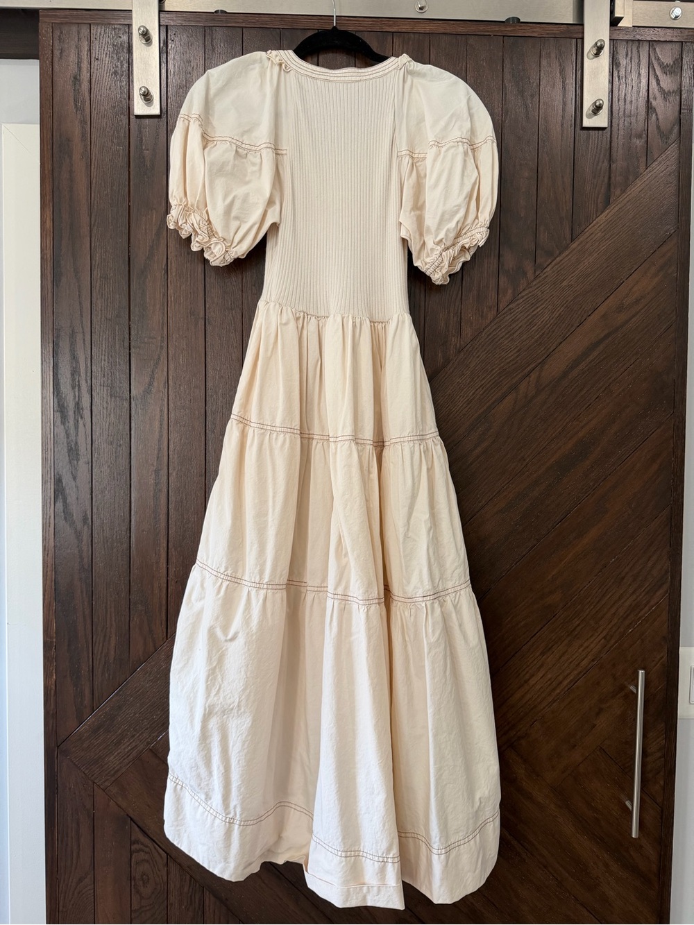 Beige Puff-Sleeve Tiered Dress with Button Front - Picture 5 of 6